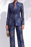 Costumes féminins à col mandarin ajusté bleu foncé en fleur Jacquard avec poches