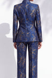 Costumes féminins à col mandarin ajusté bleu foncé en fleur Jacquard avec poches
