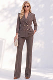 Costumes marron 2 pièces à revers pointu pointu pour femmes à double boutonnage avec poches