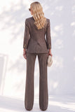 Costumes marron 2 pièces à revers pointu pointu pour femmes à double boutonnage avec poches
