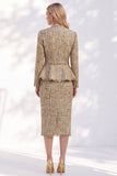Robe de travail midi dorée à col en V en deux pièces avec bordures effilochées