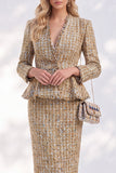 Robe de travail midi dorée à col en V en deux pièces avec bordures effilochées