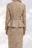 Robe de travail midi dorée à col en V en deux pièces avec bordures effilochées