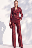 Costumes longs pour femmes double-boutonnage à revers floral rouge foncé Jacquard Peak