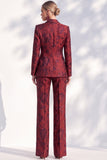 Costumes longs pour femmes double-boutonnage à revers floral rouge foncé Jacquard Peak
