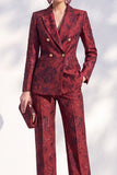 Costumes longs pour femmes double-boutonnage à revers floral rouge foncé Jacquard Peak