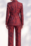Costumes longs pour femmes double-boutonnage à revers floral rouge foncé Jacquard Peak