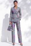 Gris, bleu Jacquard Peak Revers, pantalons Pantalons Longue Femme Costumes