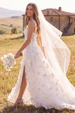 Robe de mariée maxi blanche ligne A à encolure ronde avec corset, fleurs 3D et fente latérale, pour elopement