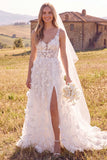 Robe de mariée maxi blanche ligne A à encolure ronde avec corset, fleurs 3D et fente latérale, pour elopement