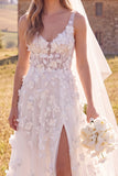 Robe de mariée maxi blanche ligne A à encolure ronde avec corset, fleurs 3D et fente latérale, pour elopement