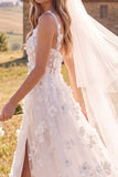 Robe de mariée maxi blanche ligne A à encolure ronde avec corset, fleurs 3D et fente latérale, pour elopement