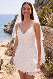 Robe de mariée mini blanche perles à col V avec fleur 3D, pour elopement