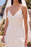 Robe de mariée mini blanche perles à col V avec fleur 3D, pour elopement