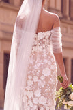 Robe de mariée midi blanche fourreau à épaules dénudées à motifs floraux blancs