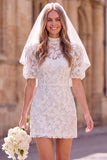 Robe de mariée mini blanche à fleurs à col haut, pour elopement