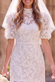 Robe de mariée mini blanche à fleurs à col haut, pour elopement