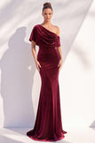 Robes de cérémonie longue bourgogne sirène froncée asymétrique encolure