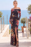 Robes de cérémonie longue rouge florale fourreau sans bretelles froncée avec fente
