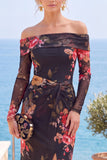 Robes de cérémonie longue rouge florale fourreau sans bretelles froncée avec fente