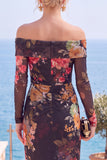 Robes de cérémonie longue rouge florale fourreau sans bretelles froncée avec fente