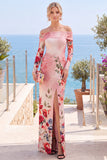 Robes de cérémonie longue rouge florale fourreau sans bretelles froncée avec fente