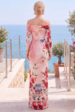 Robes de cérémonie longue rouge florale fourreau sans bretelles froncée avec fente