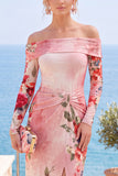 Robes de cérémonie longue rouge florale fourreau sans bretelles froncée avec fente