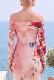 Robes de cérémonie longue rouge florale fourreau sans bretelles froncée avec fente