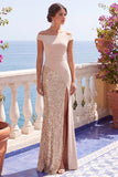 Robes de cérémonie longue champagne sirène à manches longues à sequins avec fente