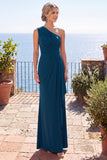 Robes de cérémonie longue bleu paon fourreau sans manches froncée
