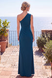 Robes de cérémonie longue bleu paon fourreau sans manches froncée