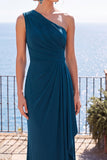 Robes de cérémonie longue bleu paon fourreau sans manches froncée