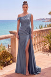 Longue robes de cérémonie sirène asymétrique bleu marine avec panneau latéral