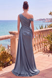Longue robes de cérémonie sirène asymétrique bleu marine avec panneau latéral