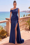 Longue robes de cérémonie sirène asymétrique bleu marine avec panneau latéral