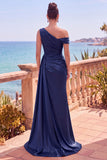 Longue robes de cérémonie sirène asymétrique bleu marine avec panneau latéral