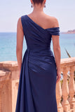 Longue robes de cérémonie sirène asymétrique bleu marine avec panneau latéral
