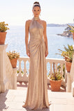 Robe de cérémonie longue fourreau froncée champagne avec traîne