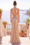 Robe de cérémonie longue fourreau froncée champagne avec traîne