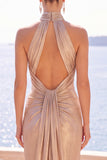 Robe de cérémonie longue fourreau froncée champagne avec traîne