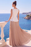 Robe de cérémonie longue à col bateau, plissée, ligne A et champagne