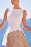 Robe de cérémonie longue à col bateau, plissée, ligne A et champagne