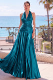 Champagne robe longue de cérémonie en satin ligne A à encolure dos-nu