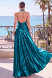 Champagne robe longue de cérémonie en satin ligne A à encolure dos-nu