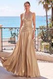 Champagne robe longue de cérémonie en satin ligne A à encolure dos-nu
