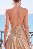 Champagne robe longue de cérémonie en satin ligne A à encolure dos-nu