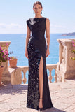 Paillettes noir robe de cérémonie sirène asymétrique avec fente