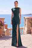 Paillettes noir robe de cérémonie sirène asymétrique avec fente