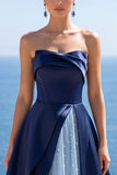 Corset marine à perles, ligne A, sans bretelles longue robe de cérémonie